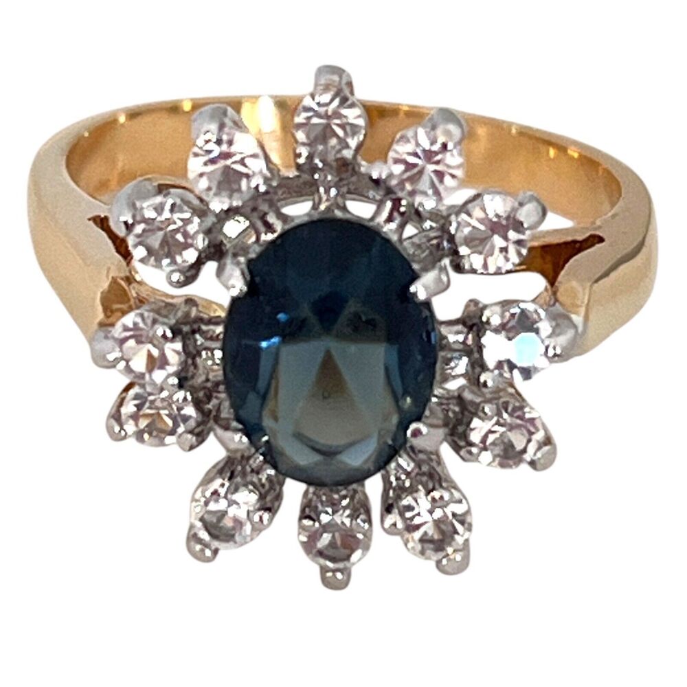 Vintage 1980s Blue Crystal Cluster Ring Size 7 Blue Floral Gold Plated - 10N